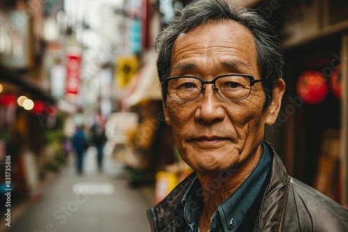 Portrait of an old Asian man wearing glasses in a narrow street