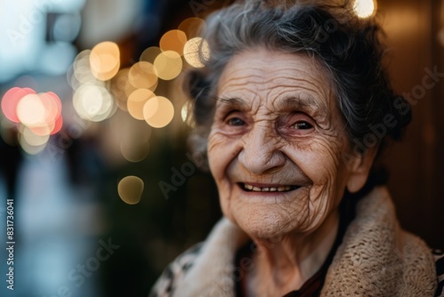 Portrait of a smiling elderly woman in the street at night.