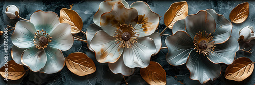 three panel wall art, marble background with golden and silver Teal Flower Plants designs, wall decoration