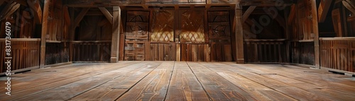 A spacious  rustic wooden interior with beams and wooden flooring. The setting is empty  creating a historic and serene atmosphere.