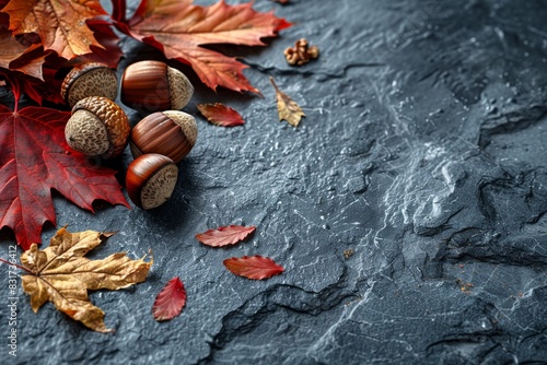Assorted Nuts and Leaves on Slate Surface During Autumn Season