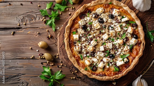 Greek tart topped with feta cheese and olives placed on a wooden traditional table