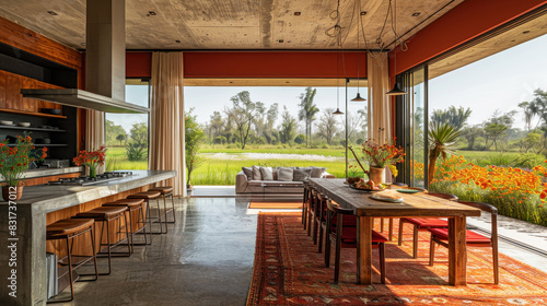 Natural red shade dining room of a house resort by meadow wildflower