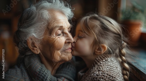 Tender Moment Between Grandmother and Grandchild: a young grandchild giving a loving kiss on the grandmother's cheek.warmth and affectionate atmosphere