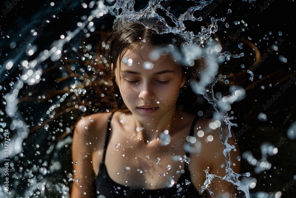 Obraz premium photo of a girl with splashes of water water scatters