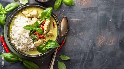 A flavorful Thai green curry served in a bowl with a side of jasmine rice and fresh basil leaves photo