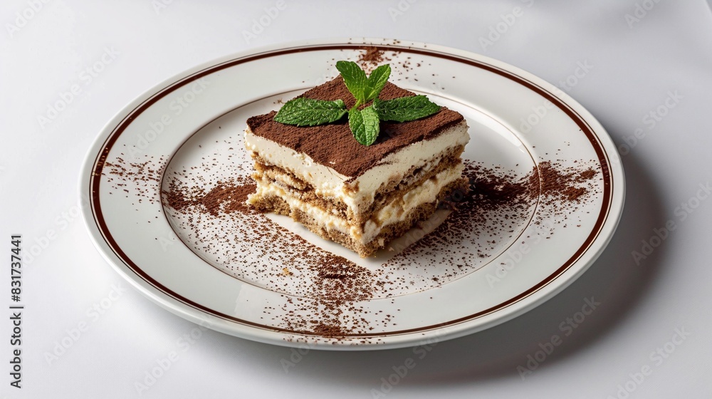 An elegant European dessert plate featuring a slice of tiramisu with a dusting of cocoa powder and a sprig of mint An elegant European dessert plate featuring a slice of tiramisu with a dusting of cocoa powder and a sprig of mint
