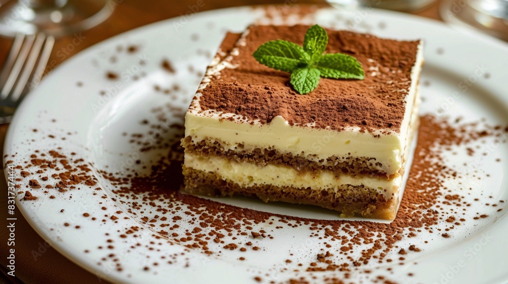 An elegant European dessert plate featuring a slice of tiramisu with a dusting of cocoa powder and a sprig of mint An elegant European dessert plate featuring a slice of tiramisu with a dusting of cocoa powder and a sprig of mint