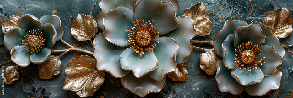 three panel wall art, marble background with golden and silver Teal Flower Plants designs, wall decoration three panel wall art, marble background with golden and silver Teal Flower Plants designs, wall decoration