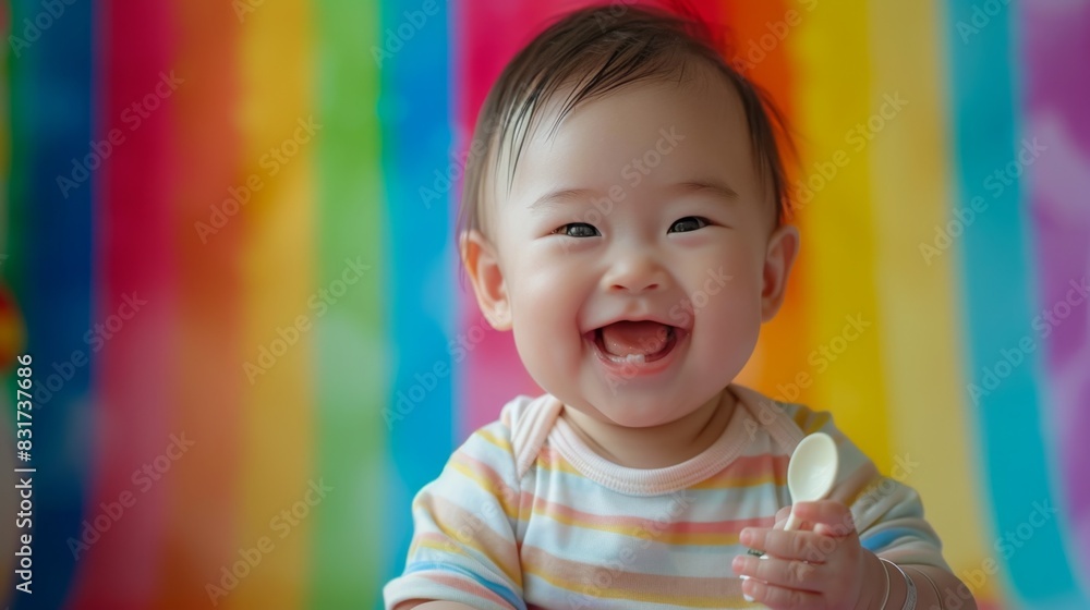 Cheerful 1-Year-Old Asian Toddler Celebrating Pride Month with Rainbow Spoon | Vibrant Advertising Shoot in 8K Resolution Cheerful 1-Year-Old Asian Toddler Celebrating Pride Month with Rainbow Spoon | Vibrant Advertising Shoot in 8K Resolution