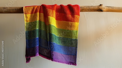 Minimalist Black Cleaning Cloth Hanging on Wood Bar with Colorful Pride Month Vibes photo