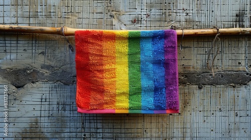 Colorful Pride Month Cleaning Cloth on Wood Bar | Vibrant Plain Cloth Hanging in Photoshoot Setup photo