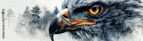 Close-up of a majestic eagle with piercing eyes, set against a misty forest background, symbolizing strength and freedom in nature.
