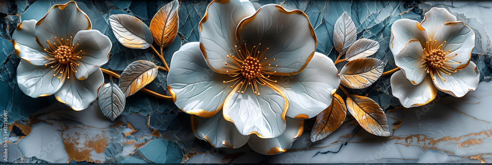 three panel wall art, marble background with golden and silver Teal Flower Plants designs, wall decoration three panel wall art, marble background with golden and silver Teal Flower Plants designs, wall decoration