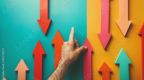 Creative image of a hand pointing at colorful arrows on a vibrant background, symbolizing direction, choice, and growth in a modern context. photo