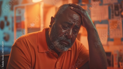 Emotional Toll of Chronic Traumatic Encephalopathy: African American Former Football Player in Pain, Surrounded by Medical Papers and Sports Memorabilia in a Dimly Lit Room photo