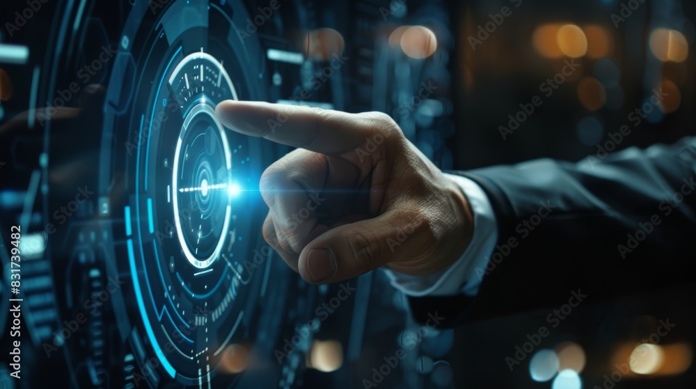 Hand interacting with futuristic digital interface, representing advanced technology and innovation in data analysis and user experience. Hand interacting with futuristic digital interface, representing advanced technology and innovation in data analysis and user experience.