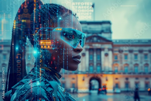 Create a cyberpunk African American woman standing infront of Buckingham Palace photo