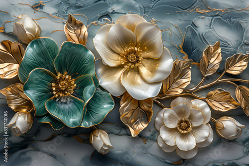 three panel wall art, marble background with golden and silver Teal Flower Plants designs, wall decoration © VertigoAI