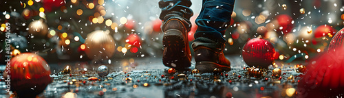 Festive Decor Disaster: High Res Image of Worker Slipping on Decorations, Blending Celebration and Accidents   Photo Stock Concept photo