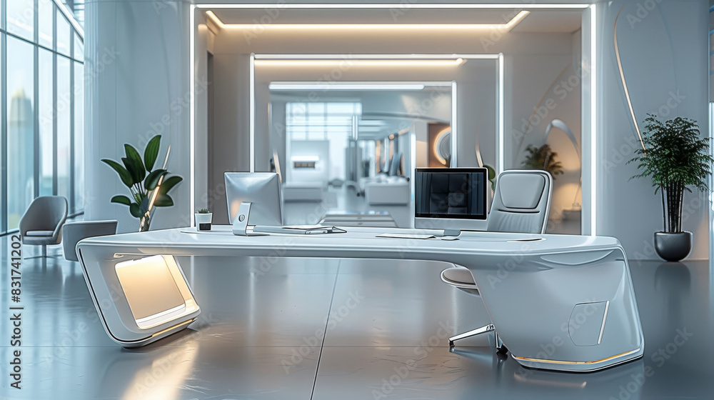 A smart office furniture system at office collaboration and personal creation in the near future. Generative AI. A smart office furniture system at office collaboration and personal creation in the near future. Generative AI.
