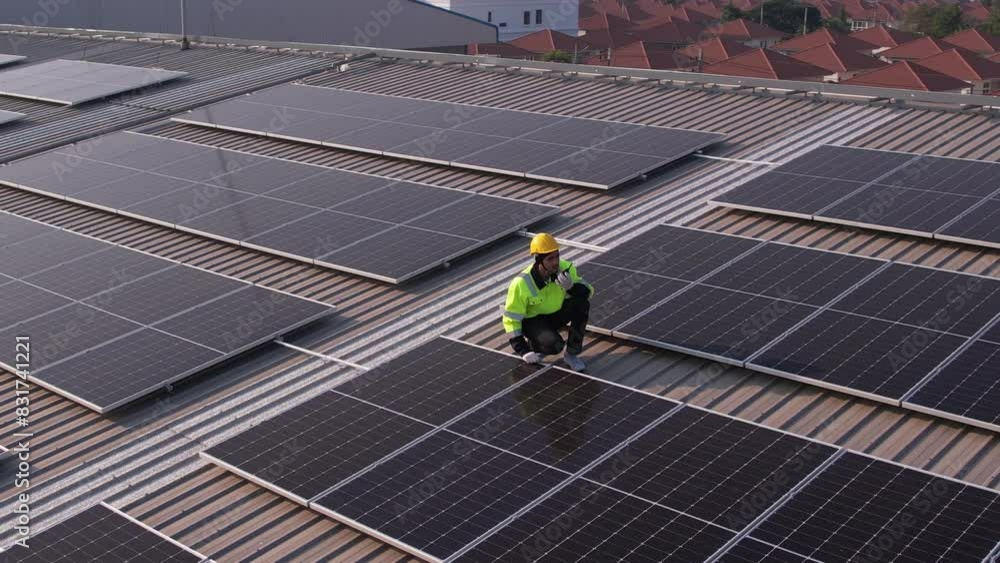 Drone view of engineer worker installed solar panels on roof of house. Drone view of engineer worker installed solar panels on roof of house.
