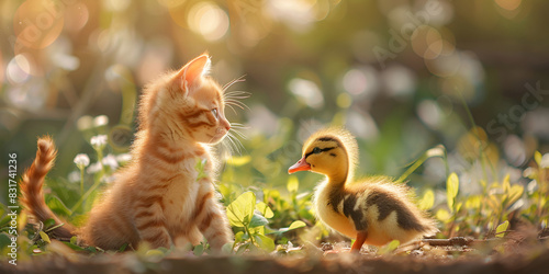 Cute duo Red kitten befriends little duckling in sunny field
 photo