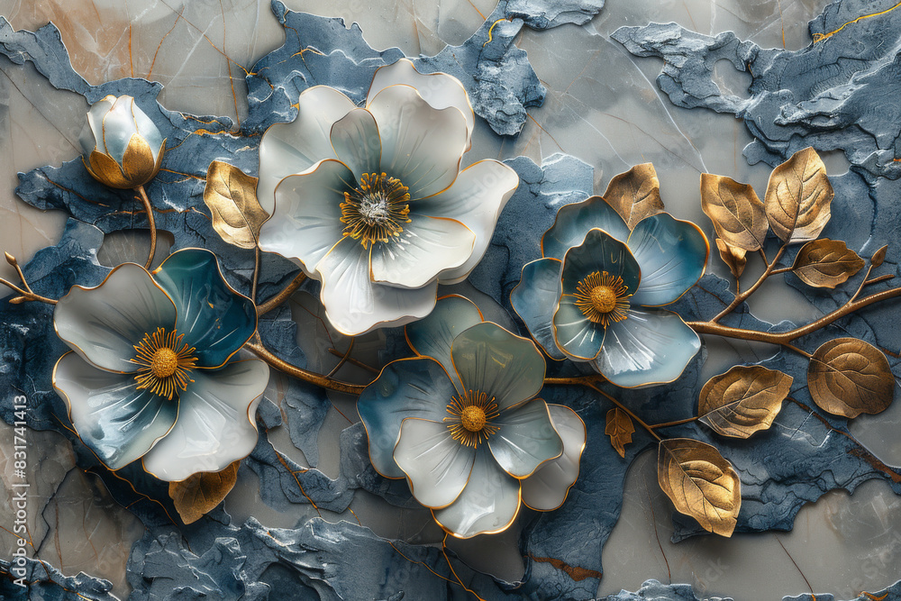Fototapeta premium three panel wall art, marble background with golden and silver Teal Flower Plants designs, wall decoration
