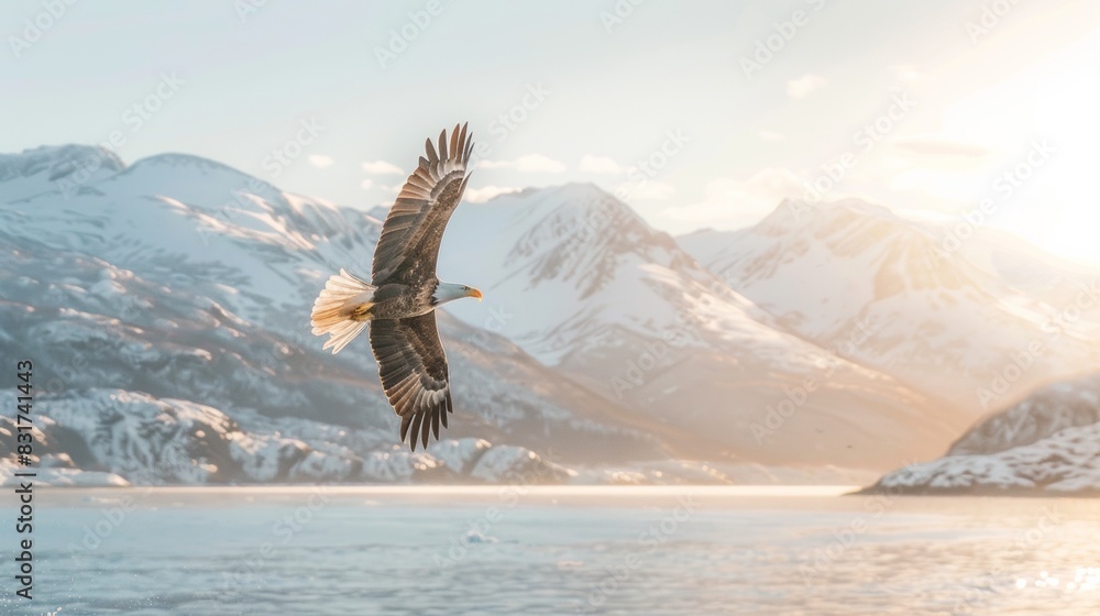Naklejka premium Majestic Bald Eagle over Snowy Alaskan Coastline Celebrating National Wildlife Day, Highlighting Conservation Efforts