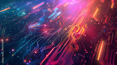 A technology-inspired abstract background with circuit patterns, glowing lines, and a futuristic color palette, creating a high-tech and innovative visual effect