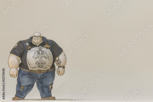 homme chauve à lunettes obèse, avec des tatouages sur les bras, un jeans à trou et un t-shirt steampunk avec des bretelles et un squelette. Fond beige avec espace négatif copyspace photo