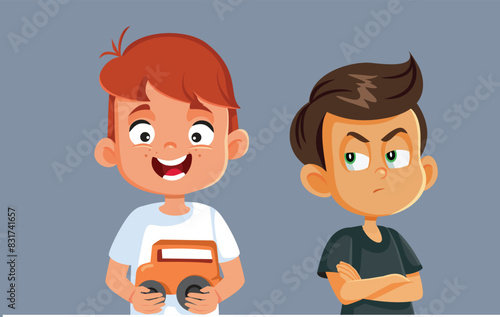 Envious Boy Looking at the New toy to his Brother Vector Cartoon. Unhappy kid feeling frustrated and jealous of his siblings 
