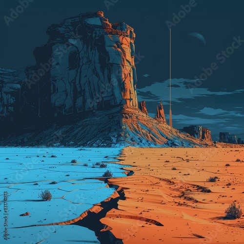 Breathtaking surreal landscape with contrasting blue and red hues  featuring dramatic rock formations under a starry night sky.