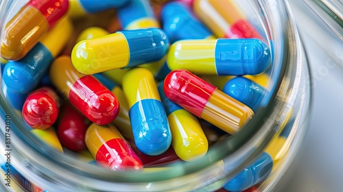 Abstract picture of bright multi-colored pills in an opened jar. Suitable for health and medical related content.