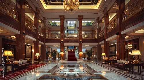 A large hotel lobby with Chinese style decoration, wooden furniture and chandeliers hanging from the ceiling, marble floors, staircase in background with red carpet. Generative AI. © visoot