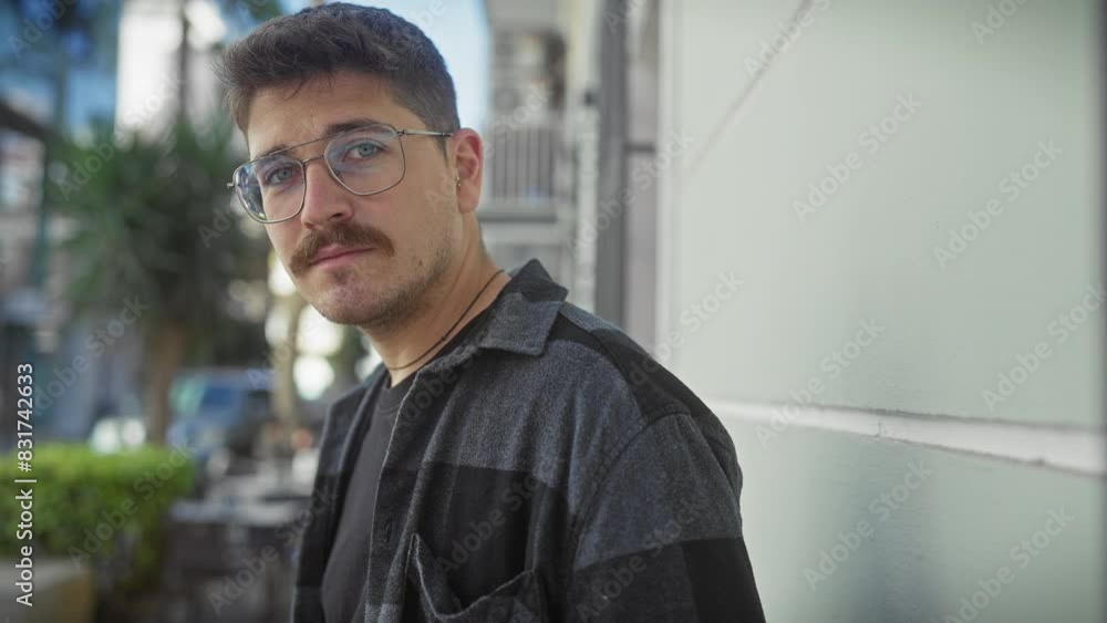 Handsome young man with glasses and a moustache standing on an urban street, exuding a casual and approachable demeanor. Handsome young man with glasses and a moustache standing on an urban street, exuding a casual and approachable demeanor.