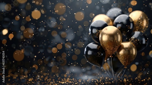 Black and golden balloons with sparkles high detailed background, in the style of dark gray photo