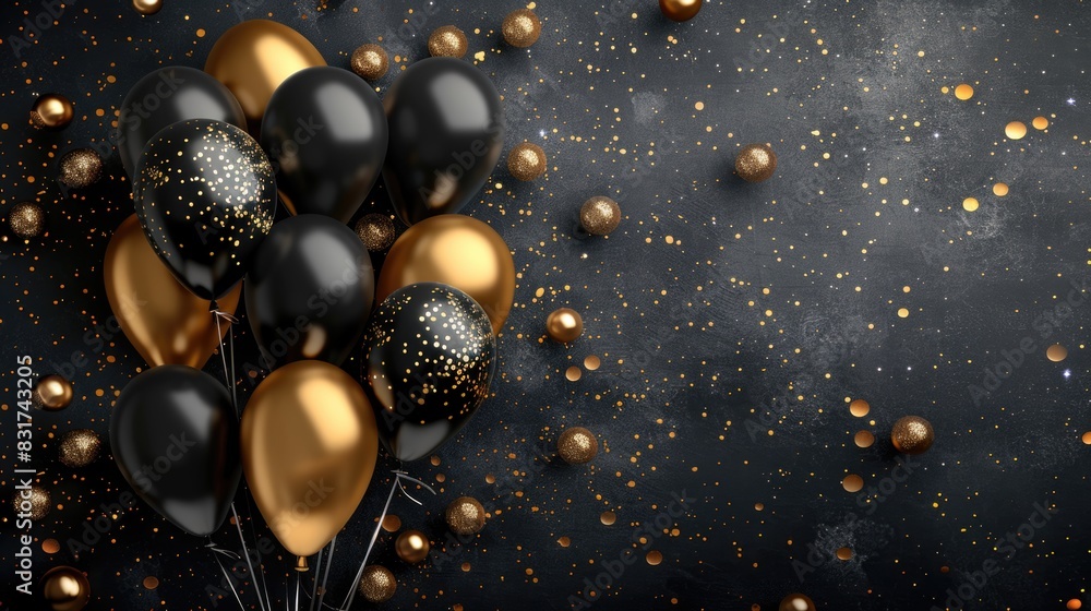 Black and golden balloons with sparkles high detailed background, in the style of dark gray Black and golden balloons with sparkles high detailed background, in the style of dark gray
