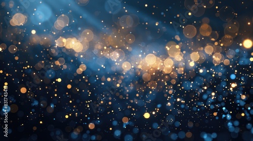 Abstract background with gold stars, particles and sparkling on navy blue. Christmas Golden light shine particles bokeh on navy blue background. 2025 New year background. Gold foil texture