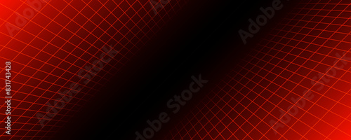 Red glowing neon wireframe background. Shining checkered diagonal grid planes in perspective. Retro futuristic depth wallpaper. Arcade game sci fi matrix surface backdrop for poster, banner. Vector
