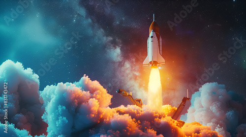 Spaceship flight.Space shuttle launch in the clouds to outer space. Dark space with stars on background,Aerial view of a rocket shuttle carrier launch at sunrise over an ocean coast 