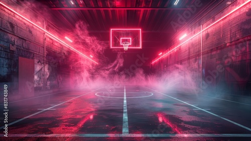 An Empty Basketball Court With Glowing Red Neon Lights And A Smoky Atmosphere.