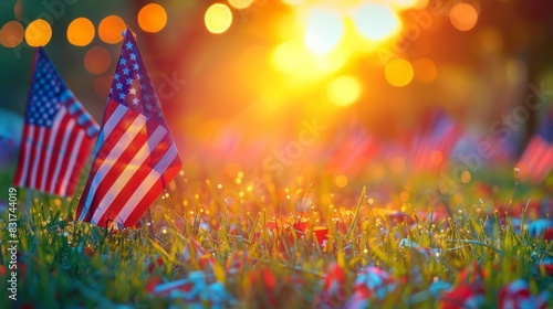 Small American Flags Planted In A Lush Green Field At Sunrise On Memorial Day. photo