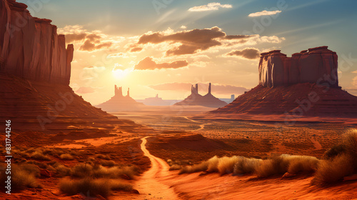 A desert landscape with a sunset in the background  Amazing scenery and famous landmarks in the world
