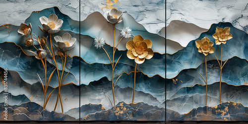 three panel wall art, marble background with golden and silver Teal Flower Plants designs, wall decoration #831744456