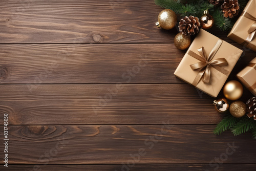 Elegant Christmas gifts wrapped in beige with golden ornaments and pine cones on a dark wooden background.