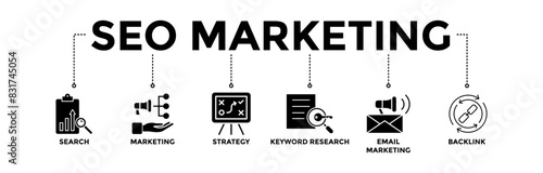 SEO marketing banner icons set. Vector graphic glyph style with icon of search, marketing, strategy, keyword research, email marketing, and backlink