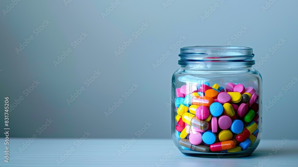 Close up of bright multi-colored pills in an opened jar with gray background as copy space. Perfect for health and medical related content. Close up of bright multi-colored pills in an opened jar with gray background as copy space. Perfect for health and medical related content.