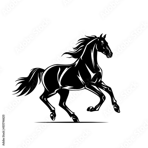Black Horse Vector Illustration, Stylized black and white vector illustration of an elegant horse in motion with flowing mane and tail.