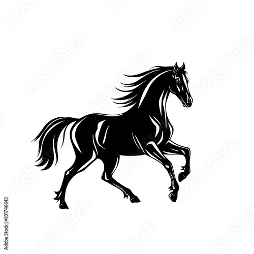Black Horse Vector Illustration  Stylized black and white vector illustration of an elegant horse in motion with flowing mane and tail.